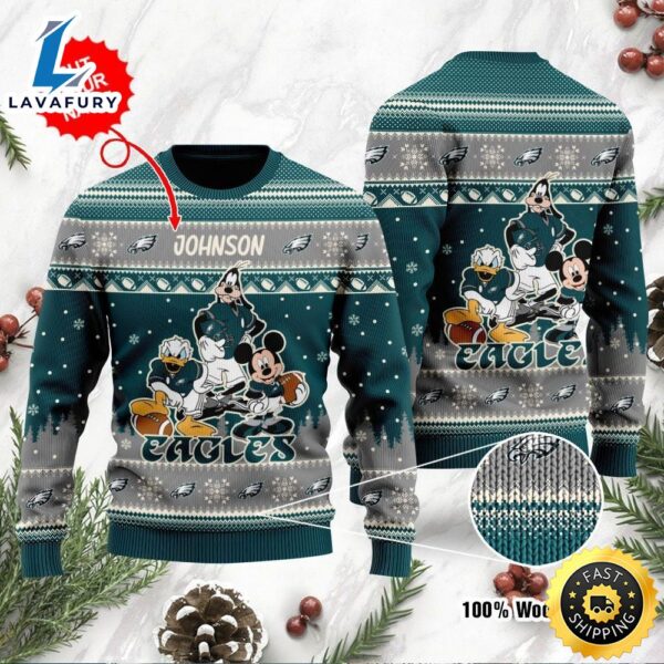 Philadelphia Eagles Disney Donald Duck Mickey Mouse Goofy Personalized Ugly Christmas Sweater, Perfect Holiday Gift