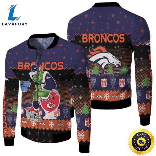 Santa Grinch Denver Broncos Sitting on Chiefs Chargers Raiders Toilet Christmas Gift For Broncos Fans Fleece Bomber Jacket