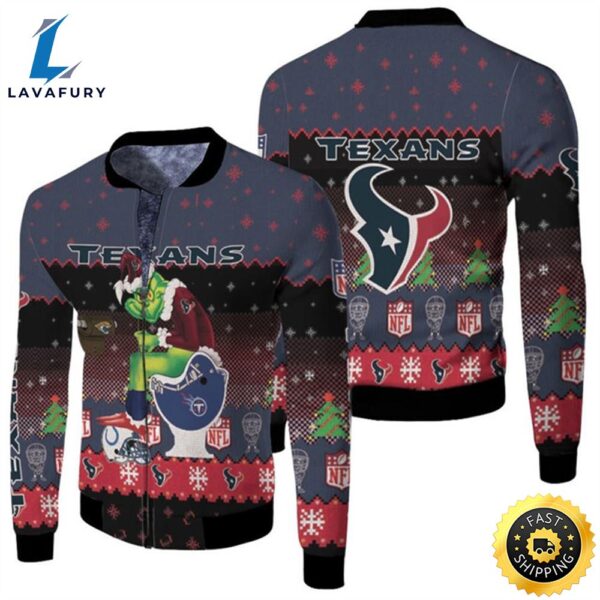 Santa Grinch Houston Texans Sitting on Titans Jaguars Colts Toilet Christmas Gift For Texans Fans Fleece Bomber Jacket