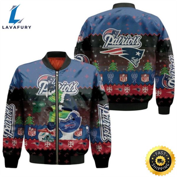Santa Grinch New England Patriots Sitting on Bills Jets Dolphins Toilet Christmas Gift For Patriots Fans Bomber Jacket