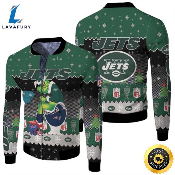 Santa Grinch New York Jets Sitting on Patriots Dolphins Bills Toilet Christmas Gift For Jets Fans Fleece Bomber Jacket