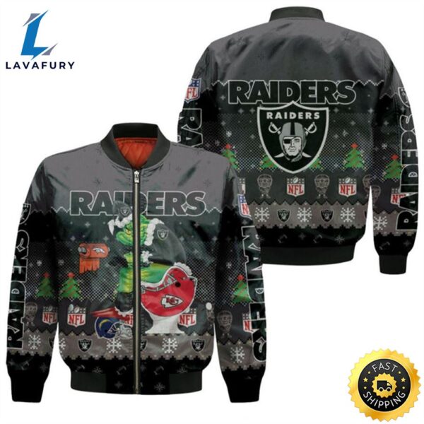 Santa Grinch Oakland Raiders Sitting on Chiefs Broncos Chargers Toilet Christmas Gift For Raiders Fans Bomber Jacket