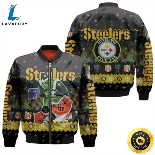 Santa Grinch Pittsburgh Steelers Sitting on Bengals Ravens Browns Toilet Christmas Gift For Steelers Fans Bomber Jacket