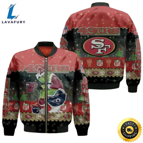 Santa Grinch San Francisco 49ers Sitting on Rams Cardinals Seahawks Toilet Christmas Gift For 49ers Fans Bomber Jacket