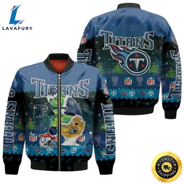 Santa Grinch Tennessee Titans Sitting on Jaguars Texans Colts Toilet Christmas Gift For Titans Fans Bomber Jacket