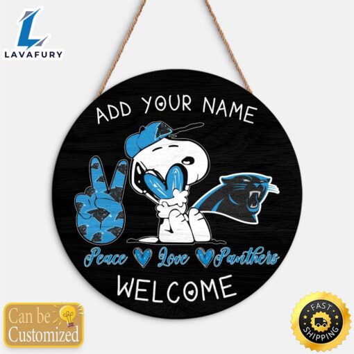 Snoopy Peace Love Carolina Panthers Round Wood Sign