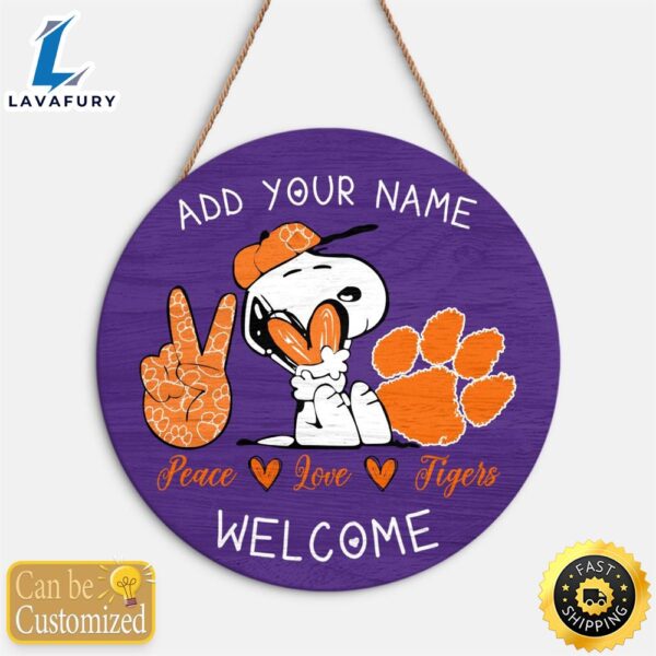 Snoopy Peace Love Clemson Tigers Round Wood Sign