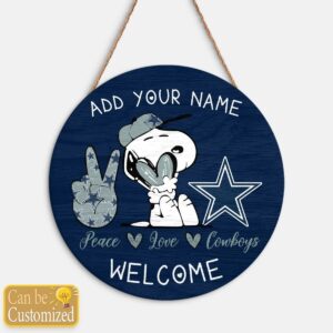 Snoopy Peace Love Dallas Cowboys Round Wood Sign