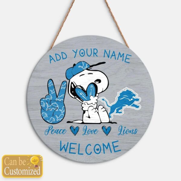 Snoopy Peace Love Detroit Lions Round Wood Sign