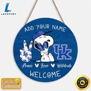 Snoopy Peace Love Kentucky Wildcats Round Wood Sign
