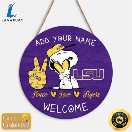 Snoopy Peace Love LSU Tigers Round Wood Sign