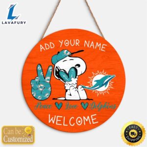 Snoopy Peace Love Miami Dolphins Round Wood Sign