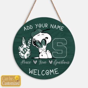 Snoopy Peace Love Michigan State Spartans Round Wood Sign
