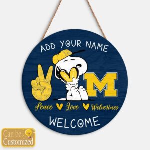 Snoopy Peace Love Michigan Wolverines Round Wood Sign