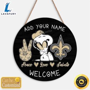 Snoopy Peace Love New Orleans Saints Round Wood Sign