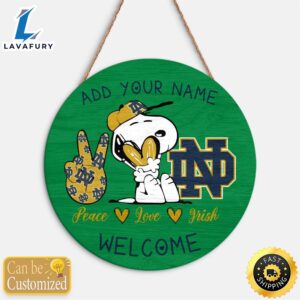 Snoopy Peace Love Notre Dame Fighting Irish Round Wood Sign