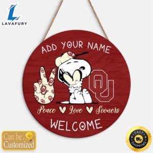 Snoopy Peace Love Oklahoma Sooners Round Wood Sign