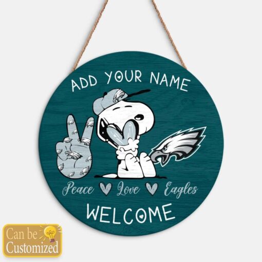 Snoopy Peace Love Philadelphia Eagles Round Wood Sign