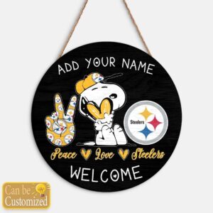 Snoopy Peace Love Pittsburgh Steelers Round Wood Sign