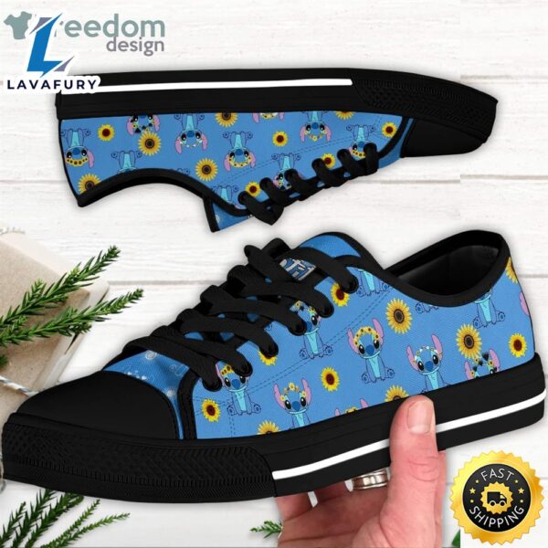 Stitch Sunflowers Blue Black White Disney Cartoon Sneakers Low Top Canvas Shoes