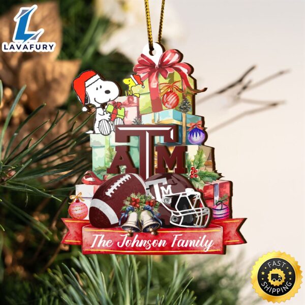 Texas A&M Aggies And Snoopy Christmas NCAA Ornament Custom Your Family Name