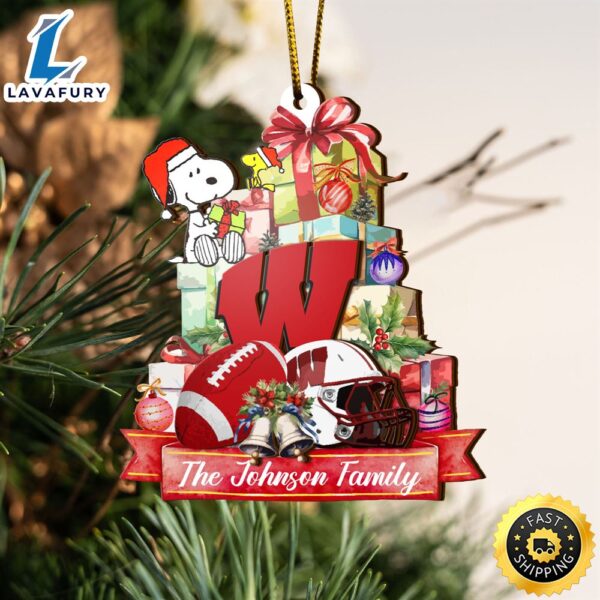 Wisconsin Badgers And Snoopy Christmas NCAA Ornament Custom Your Family Name