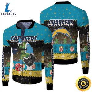anta Grinch Los Angeles Chargers Sitting on Raiders Broncos Chiefs Toilet Christmas Gift For Chargers Fans Fleece Bomber Jacket
