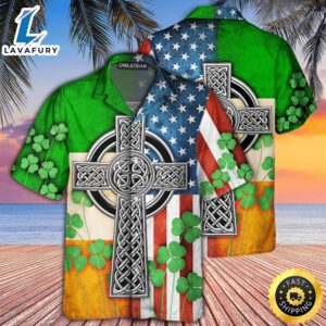 American Flag Celtic Cross Irish Saint Patricks Day Hawaiian Shirt Beach Short