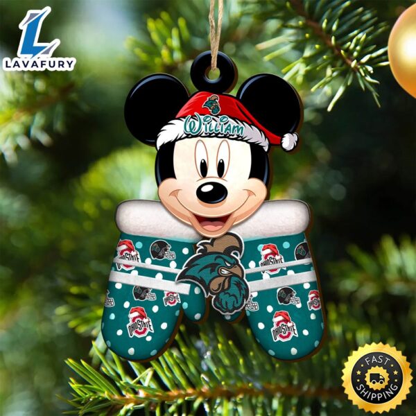 Coastal Carolina Chanticleers Team And Mickey Mouse NCAA With Glovers Wooden Ornament Personalized Your Name
