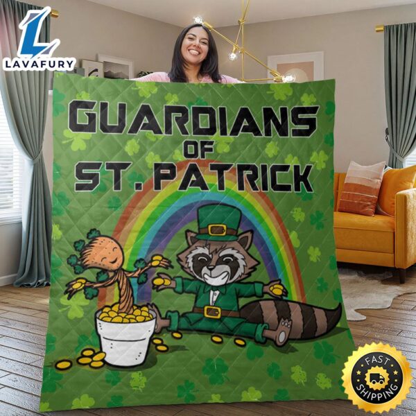 Disney Guardians of the Galaxy Fan Gift Happy St Patrick’s Day Gift Guardians of St Patrick Gift Groot and Rocket Raccoon Leprechaun Blanket