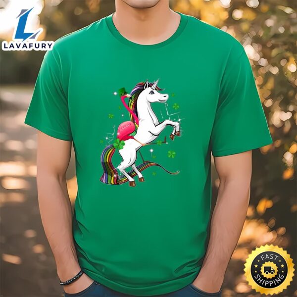 Flamingo Riding Unicorn St Patricks Day Irish T-Shirt