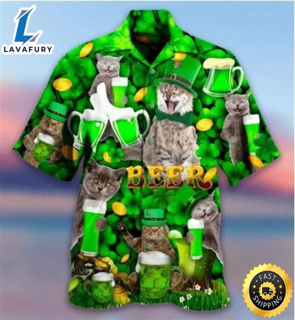 Funny Cat With Beer On Saint Patrick’s Day Hawaiian Shirt