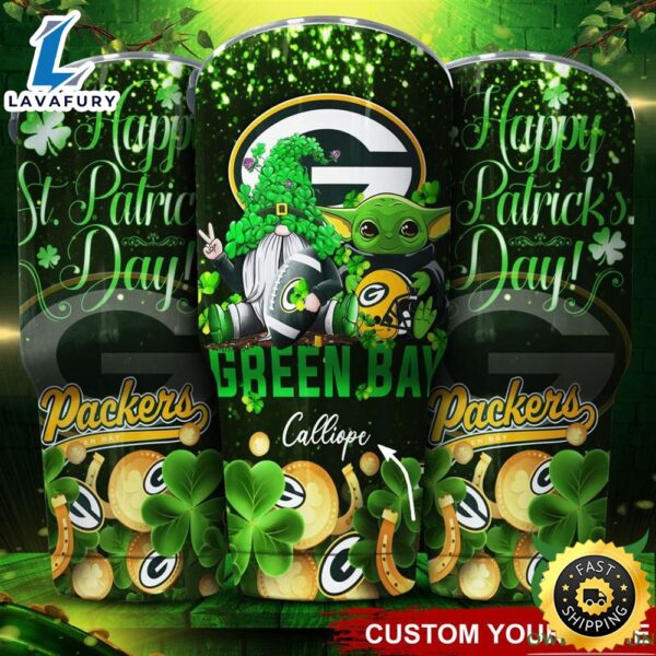Green Bay Packers NFL Custom Name Tumbler St Patrick Day Baby Yoda