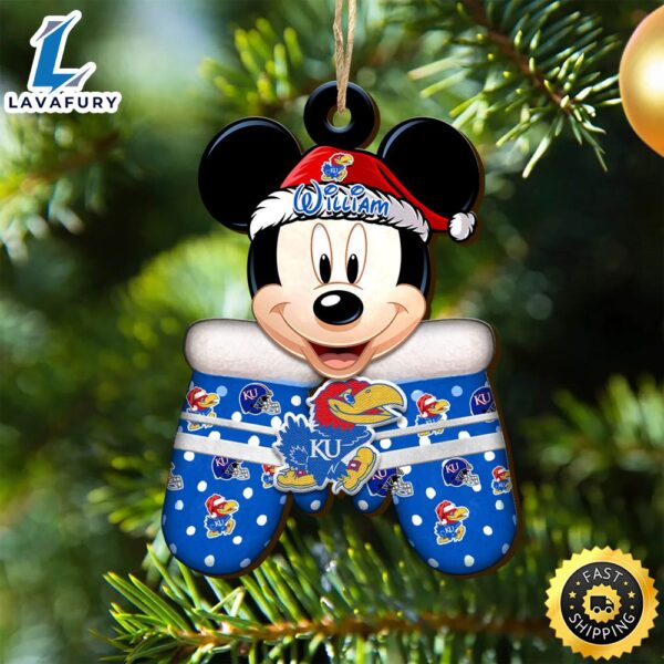 Kansas Jayhawks Team And Mickey Mouse NCAA With Glovers Wooden Ornament Personalized Your Name