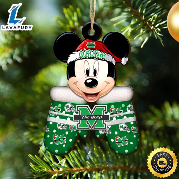 Marshall Thundering Herd Team And Mickey Mouse NCAA With Glovers Wooden Ornament Personalized Your Name