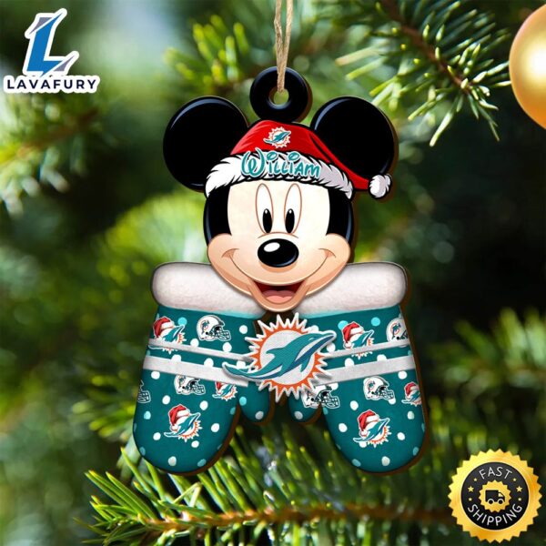 Miami Dolphins Team And Mickey Mouse NFL With Glovers Wooden Ornament Personalized Your Name
