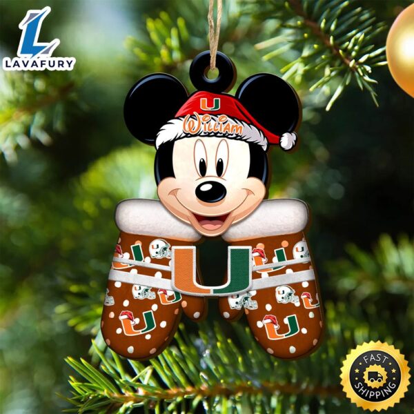 Miami Hurricanes Team And Mickey Mouse NCAA With Glovers Wooden Ornament Personalized Your Name