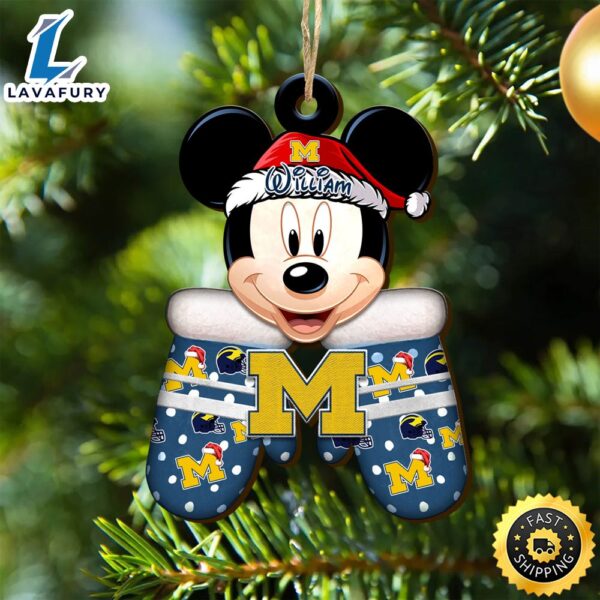 Michigan Wolverines Team And Mickey Mouse NCAA With Glovers Wooden Ornament Personalized Your Name