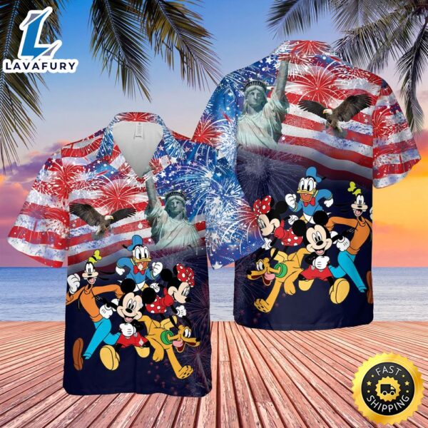 Mickey And Friends Eagle Fireworks US Flag Independence Day Hawaiian Shirt