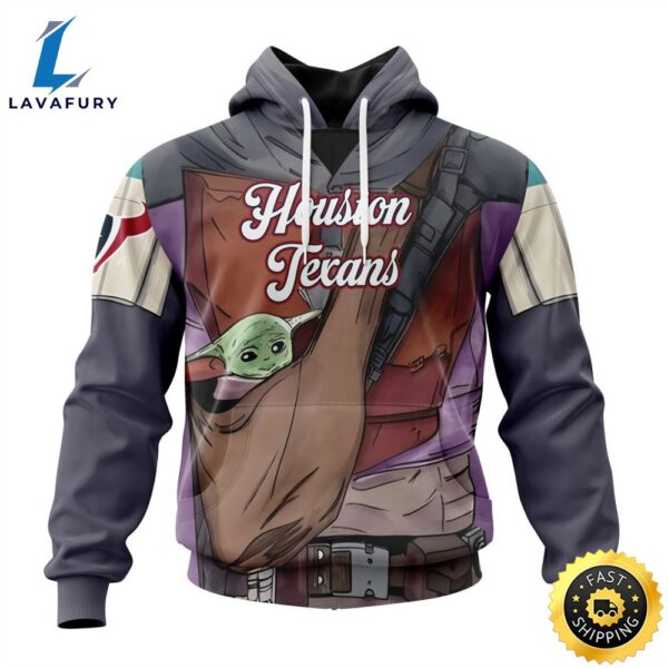 NFL Houston Texans Custom Name Number Mandalorian And Baby Yoda Pullover Hoodie