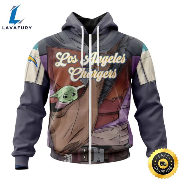 NFL Los Angeles Chargers Custom Name Number Mandalorian And Baby Yoda Zip Up Hoodie