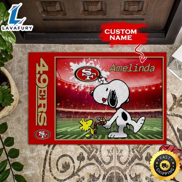 NFL Personalized San Francisco 49Ers Snoopy Shooting Fireworks All Over Print 3D Doormats
