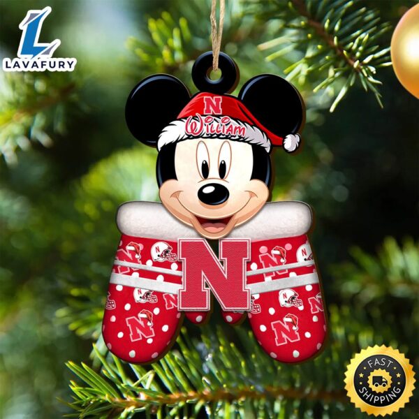Nebraska Cornhuskers Team And Mickey Mouse NCAA With Glovers Wooden Ornament Personalized Your Name