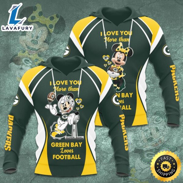Personalized Green Bay Packers Mickey Minnie Mouse I Love You All Over Print 3D Casual Unisex Couple Hoodie