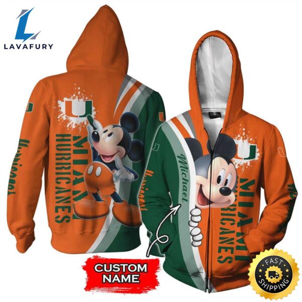 Personalized Miami Hurricanes Mickey Mouse All Over Print 3D Zip Hoodie