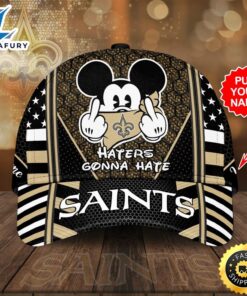 Personalized New Orleans Saints Mickey Mouse Haters Gonna Hate All Over Print 3D Baseball Cap – Black Beige-TPH