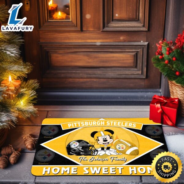 Pittsburgh Steelers Doormat Custom Your Family Name Sport Team And Mickey Mouse NFL Doormat