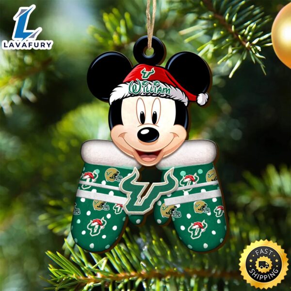 South Florida Bulls Team And Mickey Mouse NCAA With Glovers Wooden Ornament Personalized Your Name