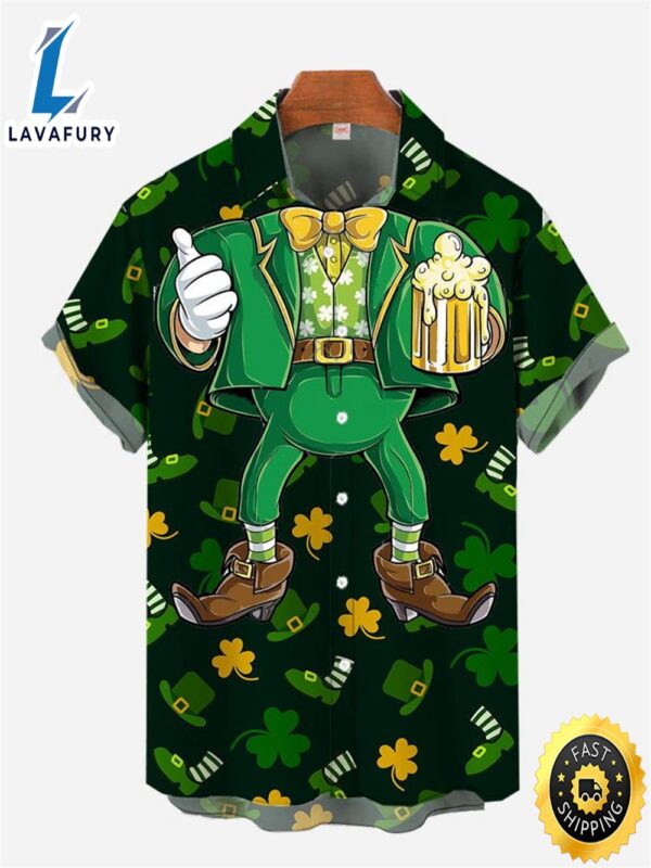 St. Patrick’s Day Goblin Leprechaun Costume With Beer Printing Men’s Short Sleeve Aloha Hawaiian Shirt