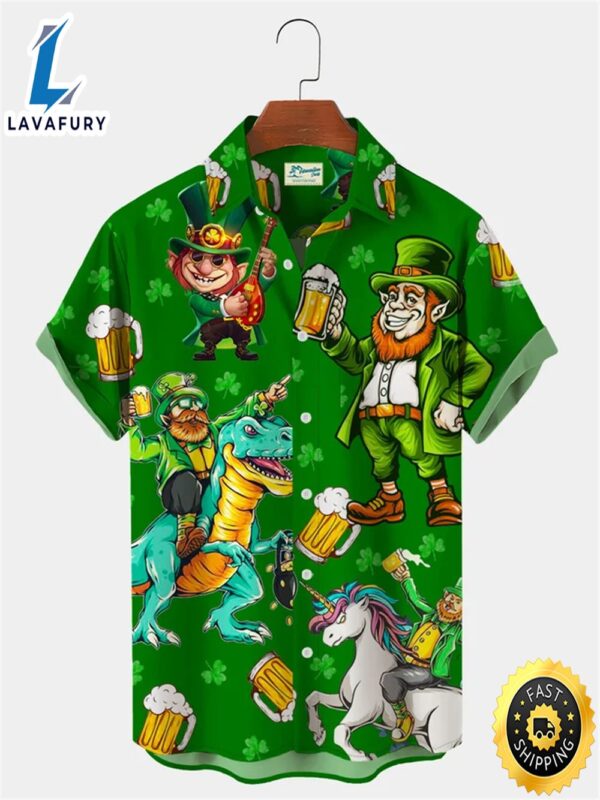 St. Patrick’s Day Green Shamrock Dinosaur Fun Print Trendy Hawaiian Shirt Plus Size Vacation Shirt
